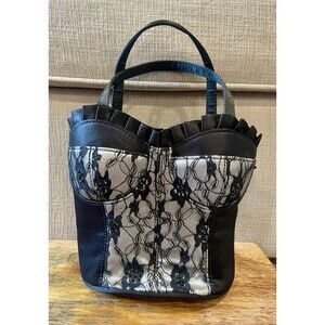 Vintage Black Satin Corset Bustier Shaped Handbag Lace Beaded Purse
